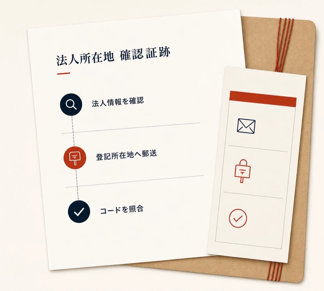 法人情報の確認、登記所在地への郵送、コード照合を記した住所確認の証跡書類